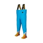 Pantalón de peto azul claro para niños con botas de pato, talla 24-25