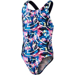 Bañador Digital Allover Leaderback Speedo True Navy/Black/Rose Violet/Bright Yellow - Talla 8 años